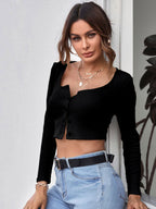 Neck Button Placket Rib-knit Tee