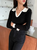 Casual Style Color Block Collar Slim Fit Tops, Long Sleeve Tops
