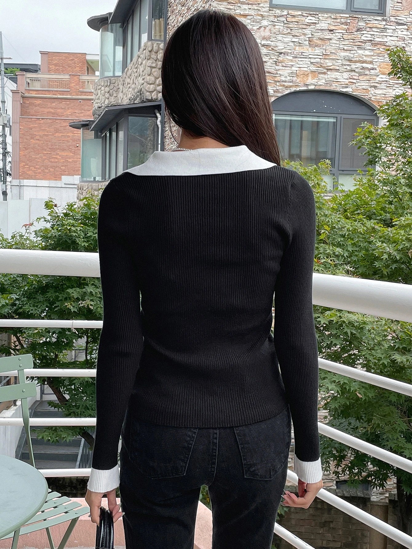 Casual Style Color Block Collar Slim Fit Tops, Long Sleeve Tops