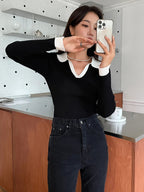 Casual Style Color Block Collar Slim Fit Tops, Long Sleeve Tops