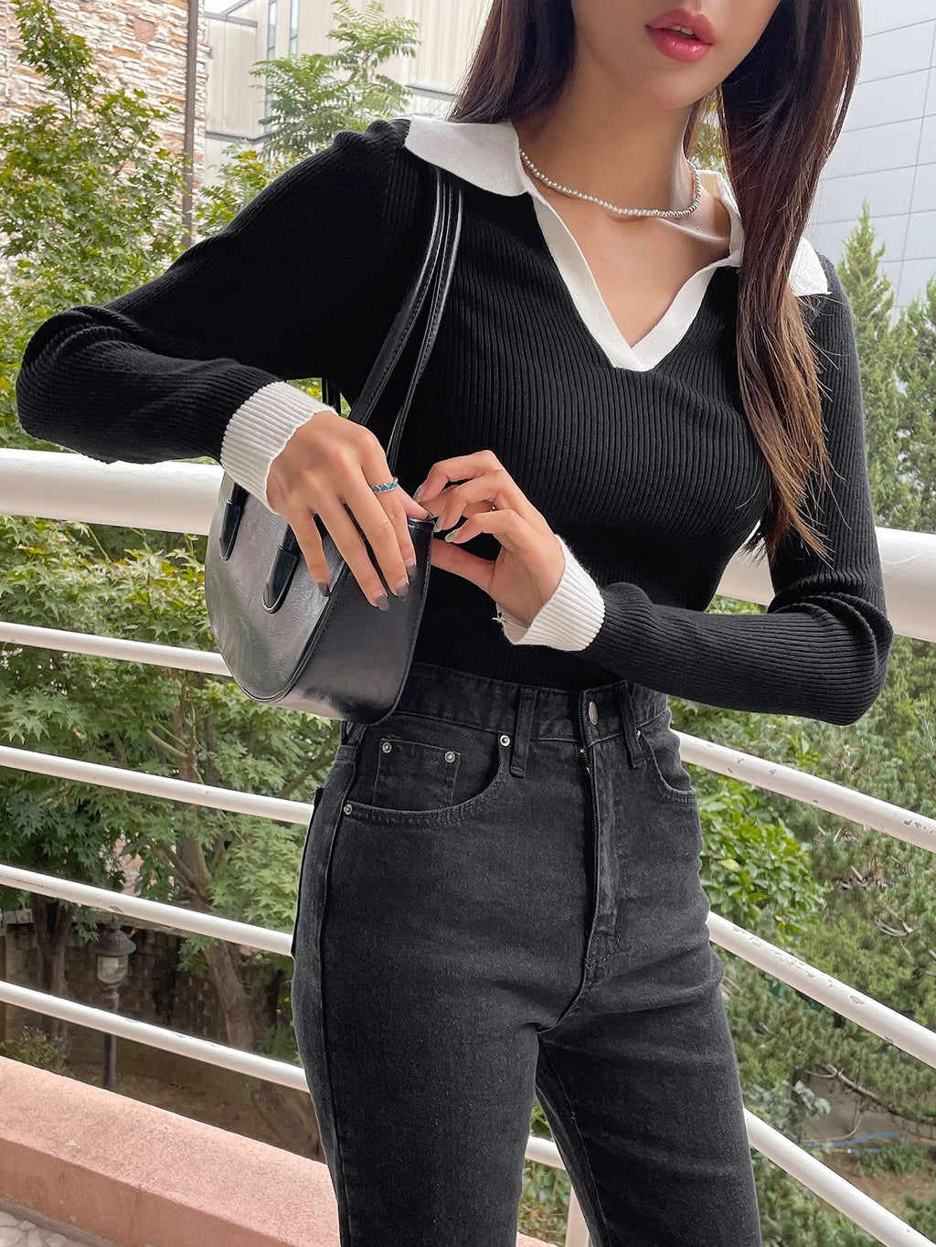 Casual Style Color Block Collar Slim Fit Tops, Long Sleeve Tops