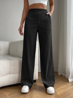 Solid Color High Waist Pockets Straight Loose Casual Pants