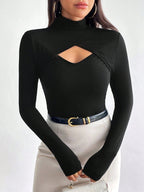 Cut Out Front High Neck Black Tee