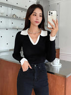 Casual Style Color Block Collar Slim Fit Tops, Long Sleeve Tops