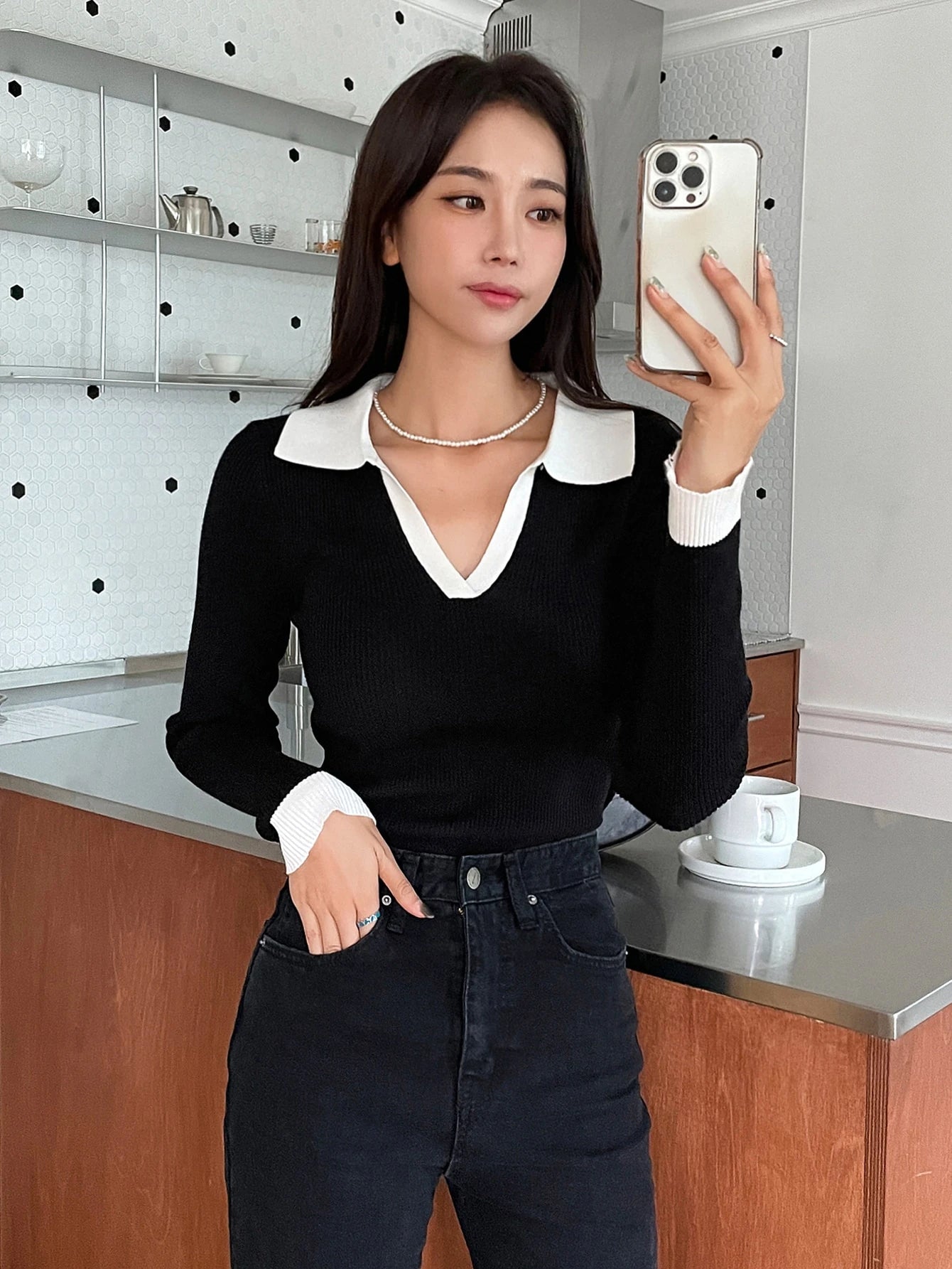 Casual Style Color Block Collar Slim Fit Tops, Long Sleeve Tops