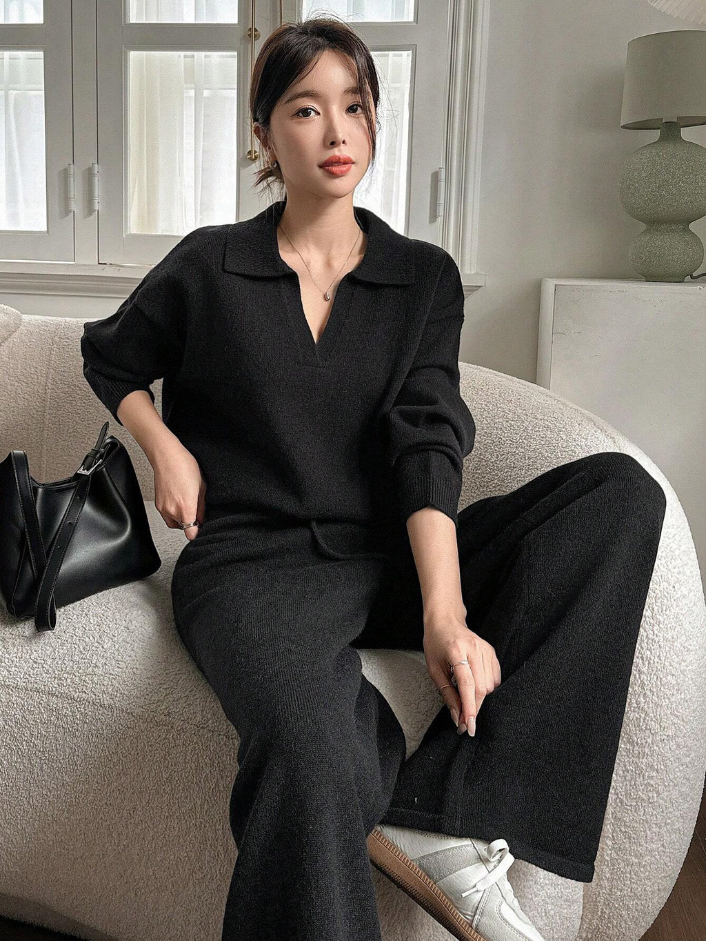 Casual Solid Color Turndown Collar Loose Sweater And Wide Leg Pants 2 Pieces Set