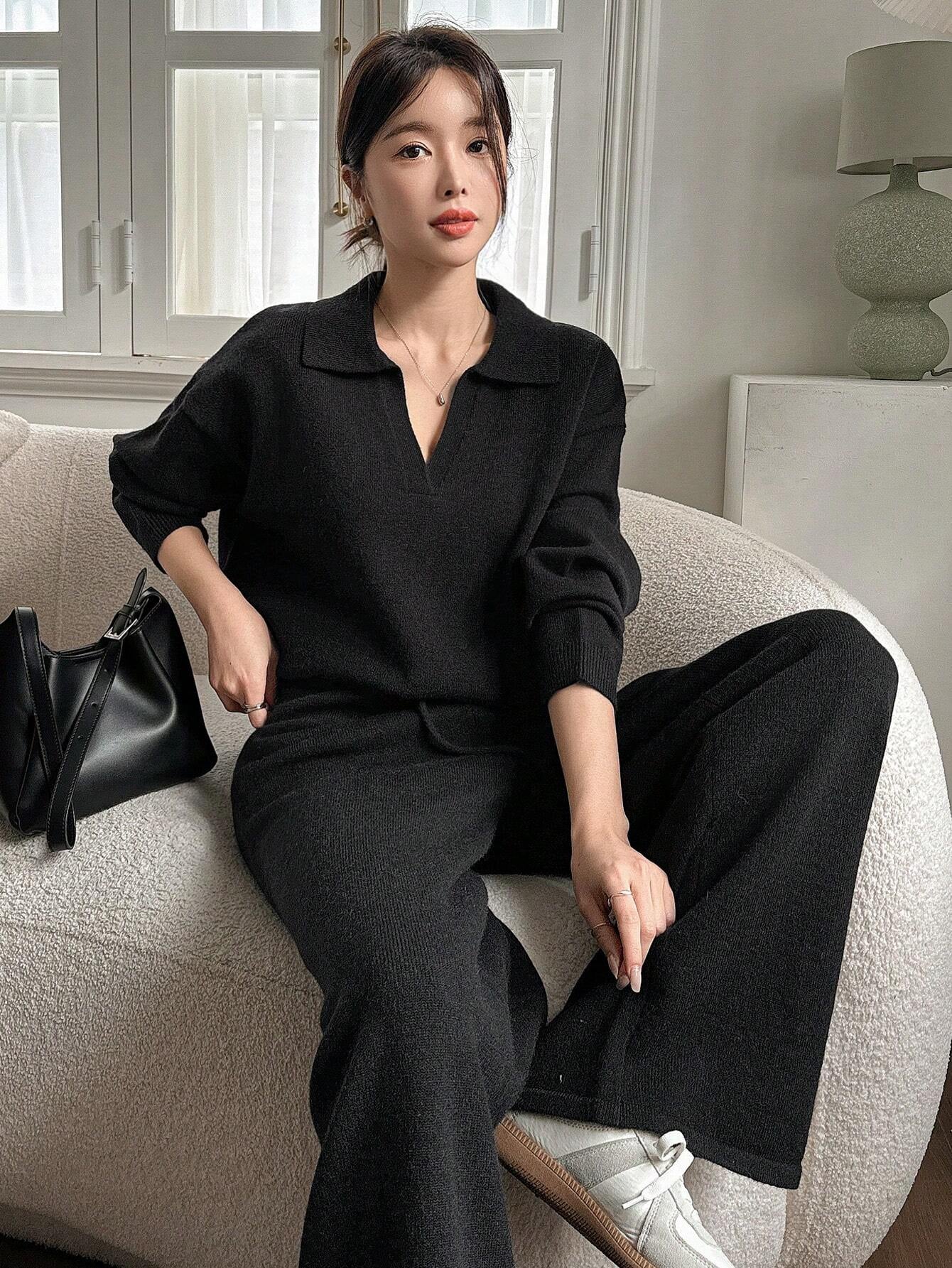 Casual Solid Color Turndown Collar Loose Sweater And Wide Leg Pants 2 Pieces Set