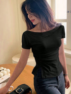 Solid Color Short Sleeve Ruched Side Split Bodycon Waist T-Shirt