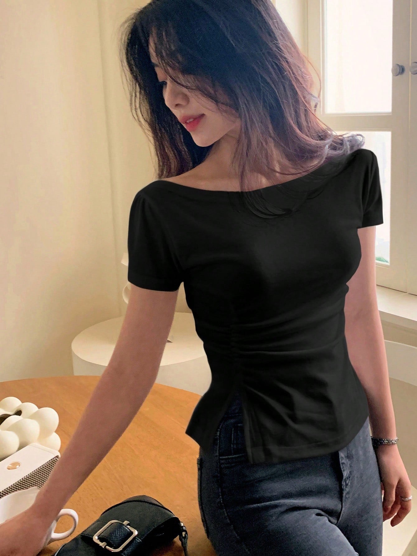 Solid Color Short Sleeve Ruched Side Split Bodycon Waist T-Shirt