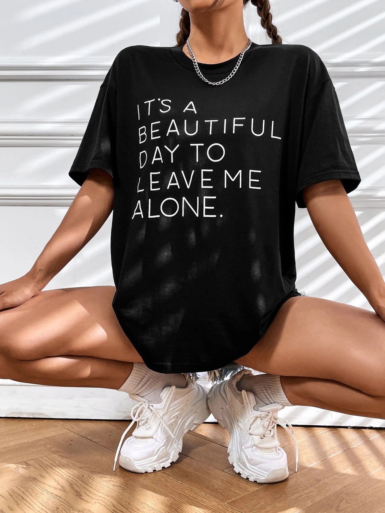 Slogan Graphic Drop Shoulder Tee IT'S A BEAUTIFUL DAY TO LEAVE ME ALONE
