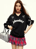 V-Neck Letter Print Drop Shoulder Long Sleeve Casual Sweatshirt Pullover Fall