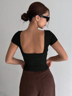 Solid Backless Crop Ribbed Knit Tee,Halter Top