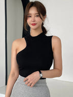 Asymmetrical Neck Ribbed Knit Tank Top