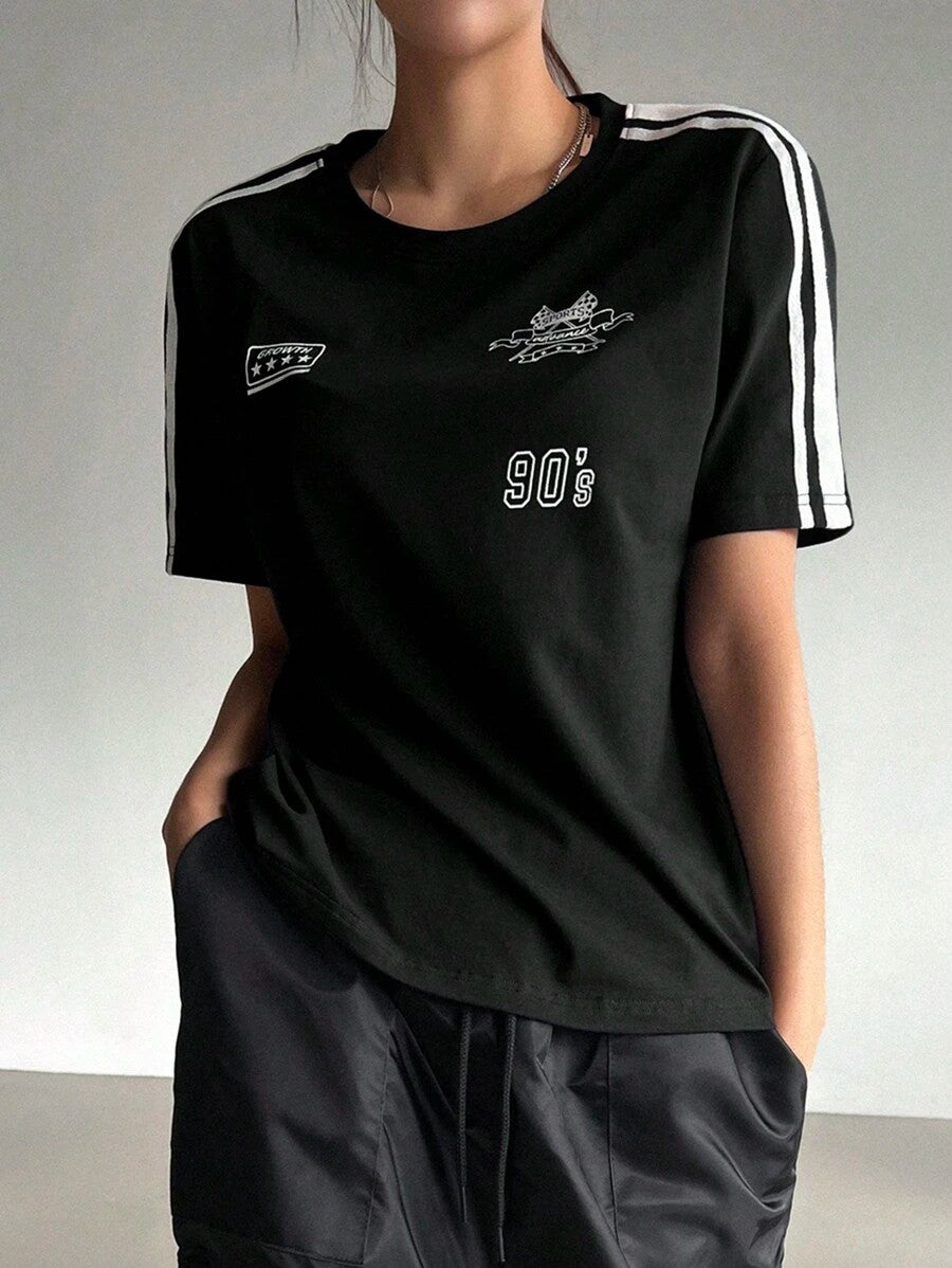 Motorcycle Style Print Colorblock Striped Detail Short Sleeve T-Shirt,Fall Clothes Preppy Tops