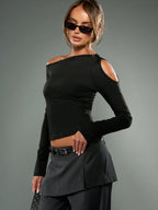 Off Shoulder Long Sleeve Crop Top Cold Shoulder Cutout Design Black Fitted Shirt