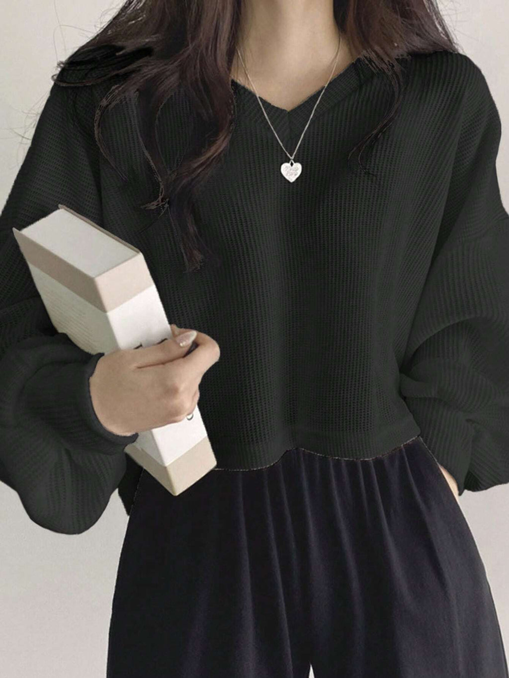 Solid Color V-Neck Dropped Shoulder Long Sleeve Loose Casual T-Shirt