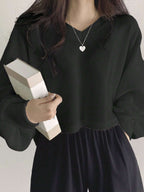 Solid Color V-Neck Dropped Shoulder Long Sleeve Loose Casual T-Shirt