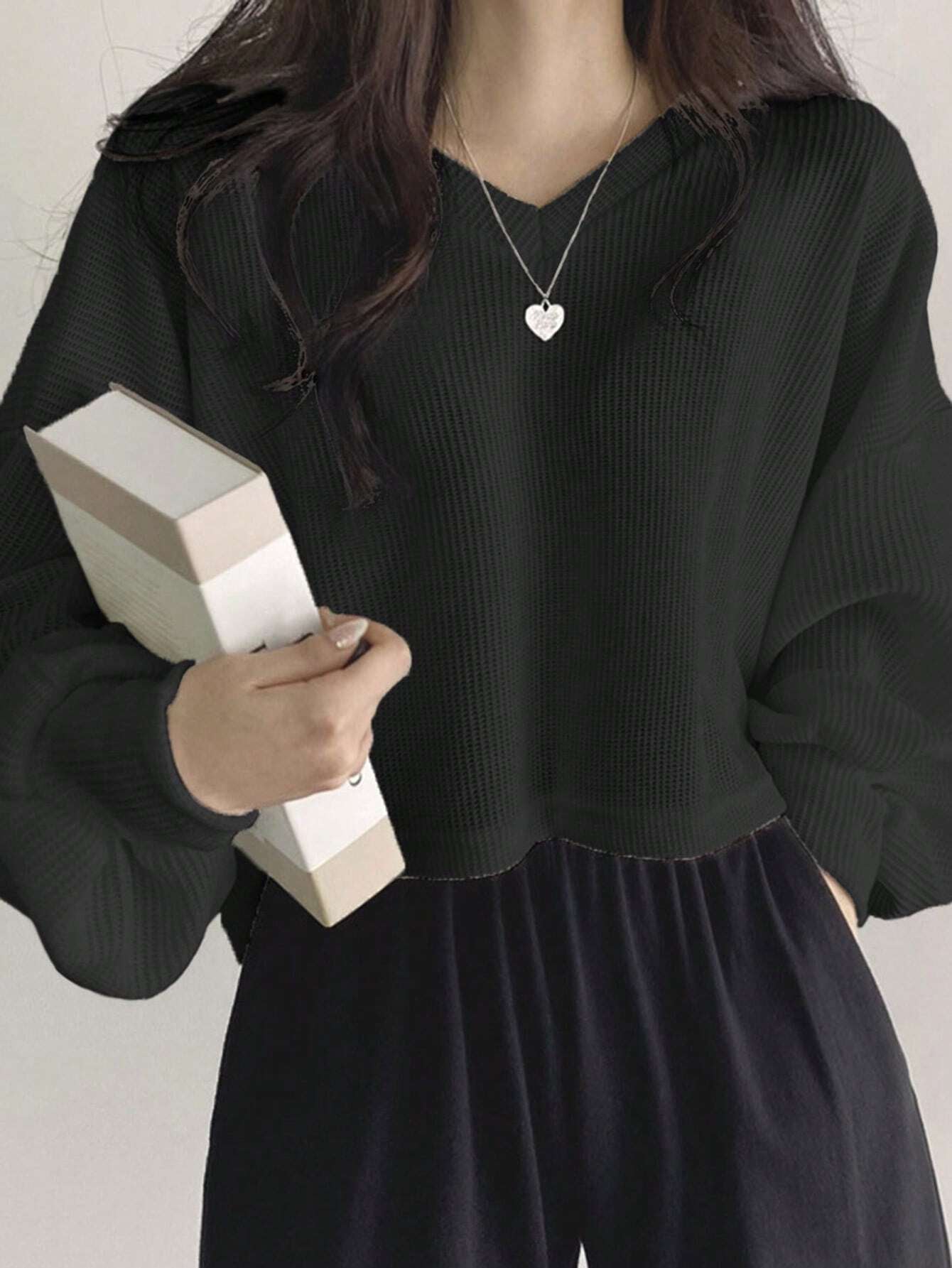 Solid Color V-Neck Dropped Shoulder Long Sleeve Loose Casual T-Shirt