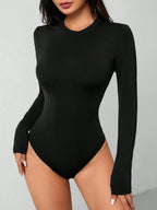 Solid Knit Stretch Fitted Black Bodysuit