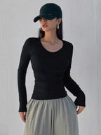 Solid Color Ribbed Slim Fit Long Sleeve T-Shirt