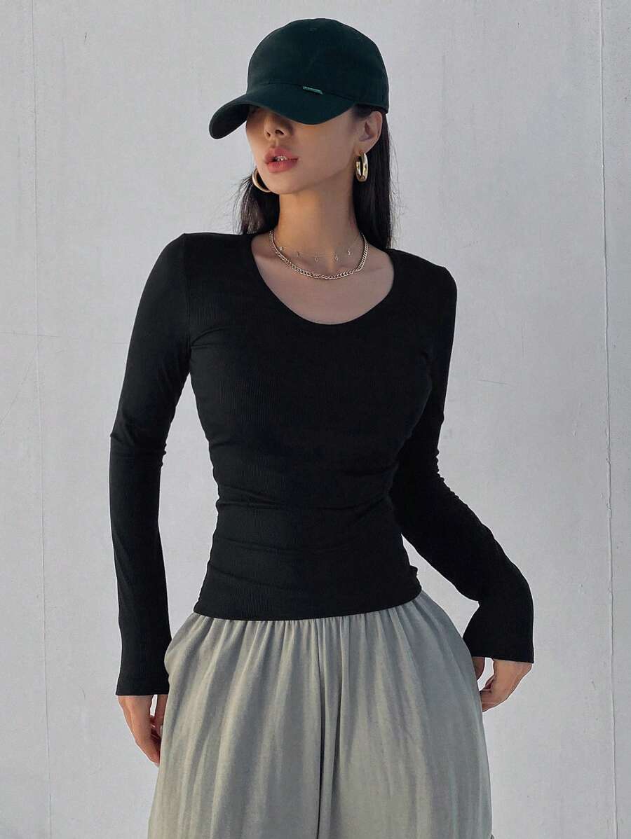 Solid Color Ribbed Slim Fit Long Sleeve T-Shirt