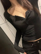 Solid Color Slim Fit Half-Placket Buttoned Long Sleeve T-Shirt
