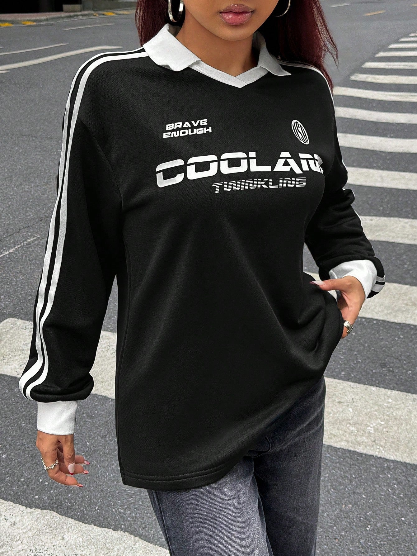 Fall/Winter Casual/Going Out V-Neck Banded Texture Decoration Black Baggy Sport Sweatshirt