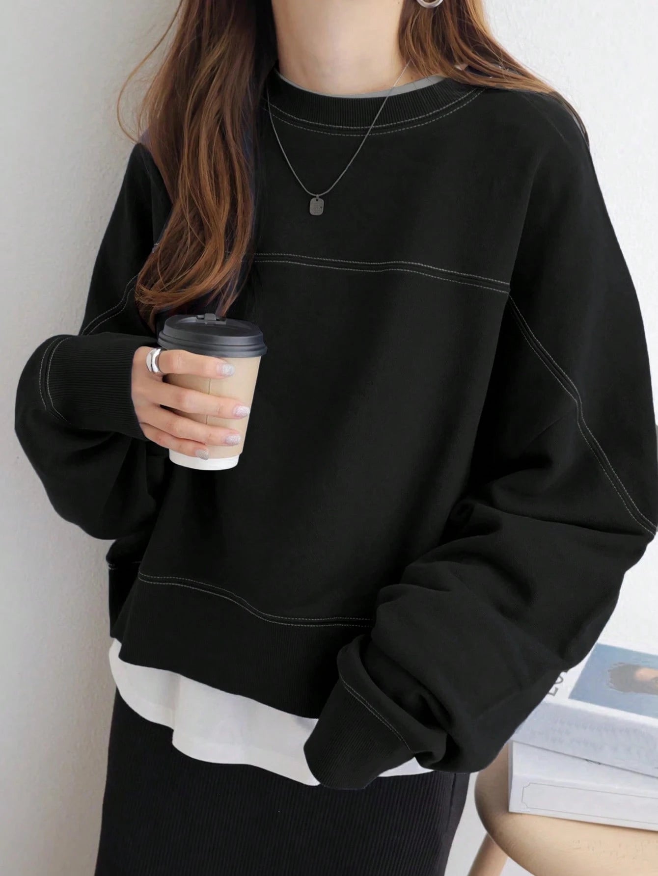 Round Neck Contrast Color Loose Oversized Pullover Sweatshirt, Autumn & Winter