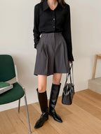 Ribbed Button-Up Shirt - Long Sleeve Collared Knit Blouse, Slim Fit Casual Top