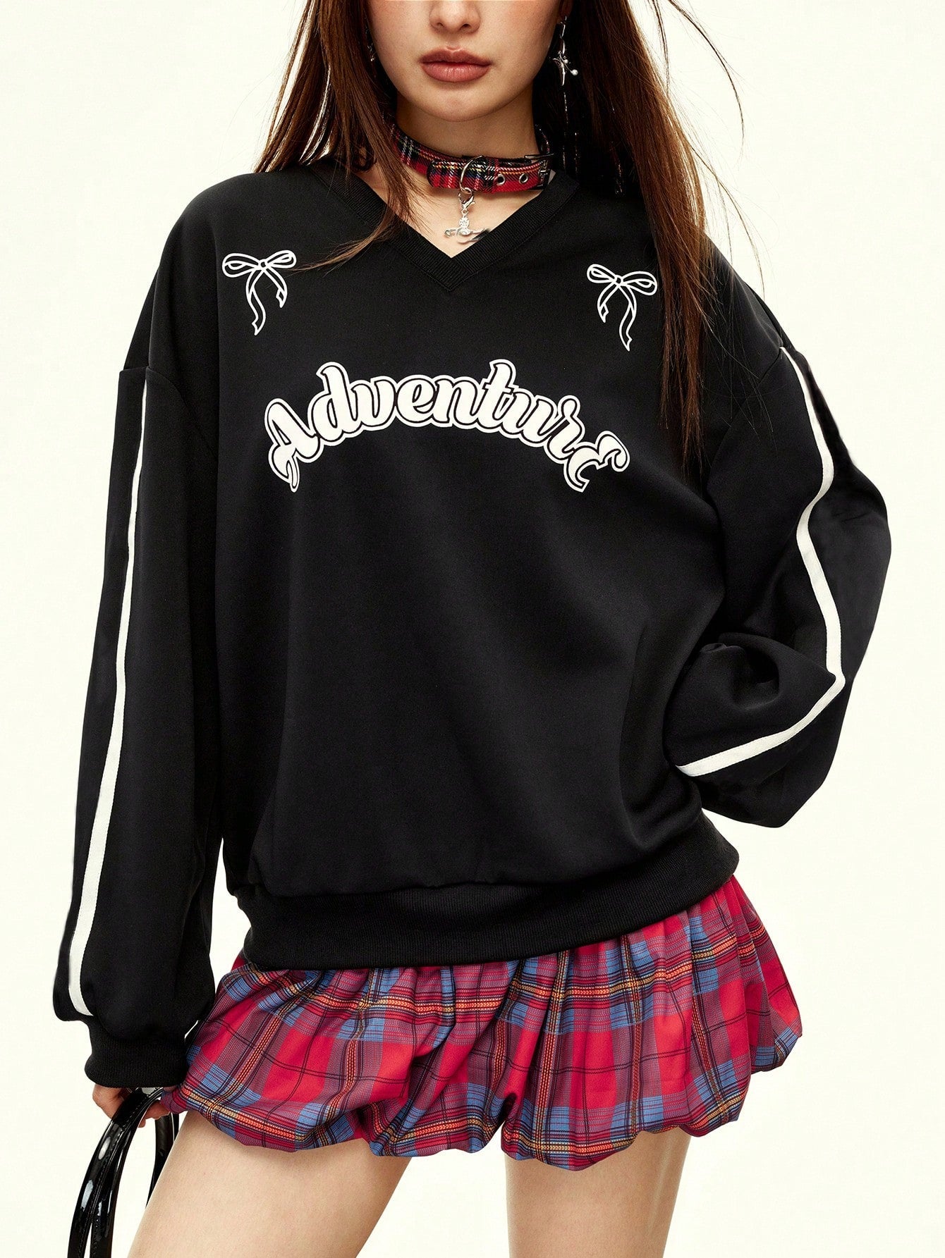 V-Neck Letter Print Drop Shoulder Long Sleeve Casual Sweatshirt Pullover Fall