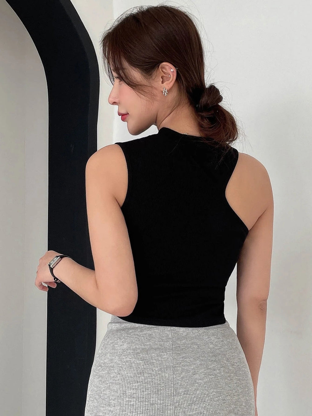 Asymmetrical Neck Ribbed Knit Tank Top