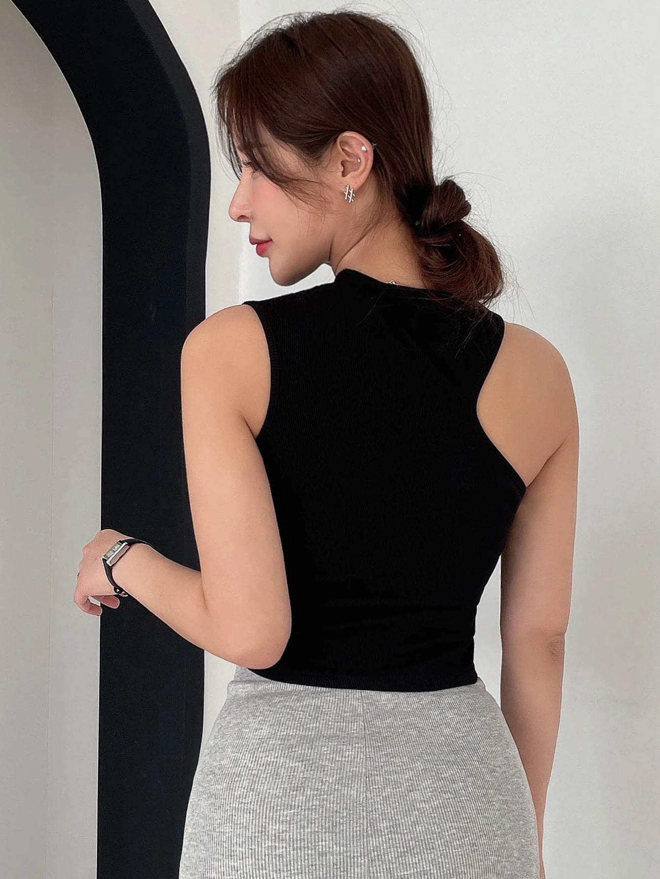 Asymmetrical Neck Ribbed Knit Tank Top