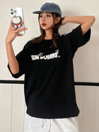 TOM AND JERRY X DAZY Women's Casual Loose Fit 3/4 Sleeve Letter Print Sport T-Shirt