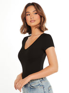 V-Neck Short Sleeve Solid Color Slim Fit Casual Tee