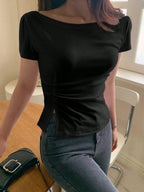 Solid Color Short Sleeve Ruched Side Split Bodycon Waist T-Shirt
