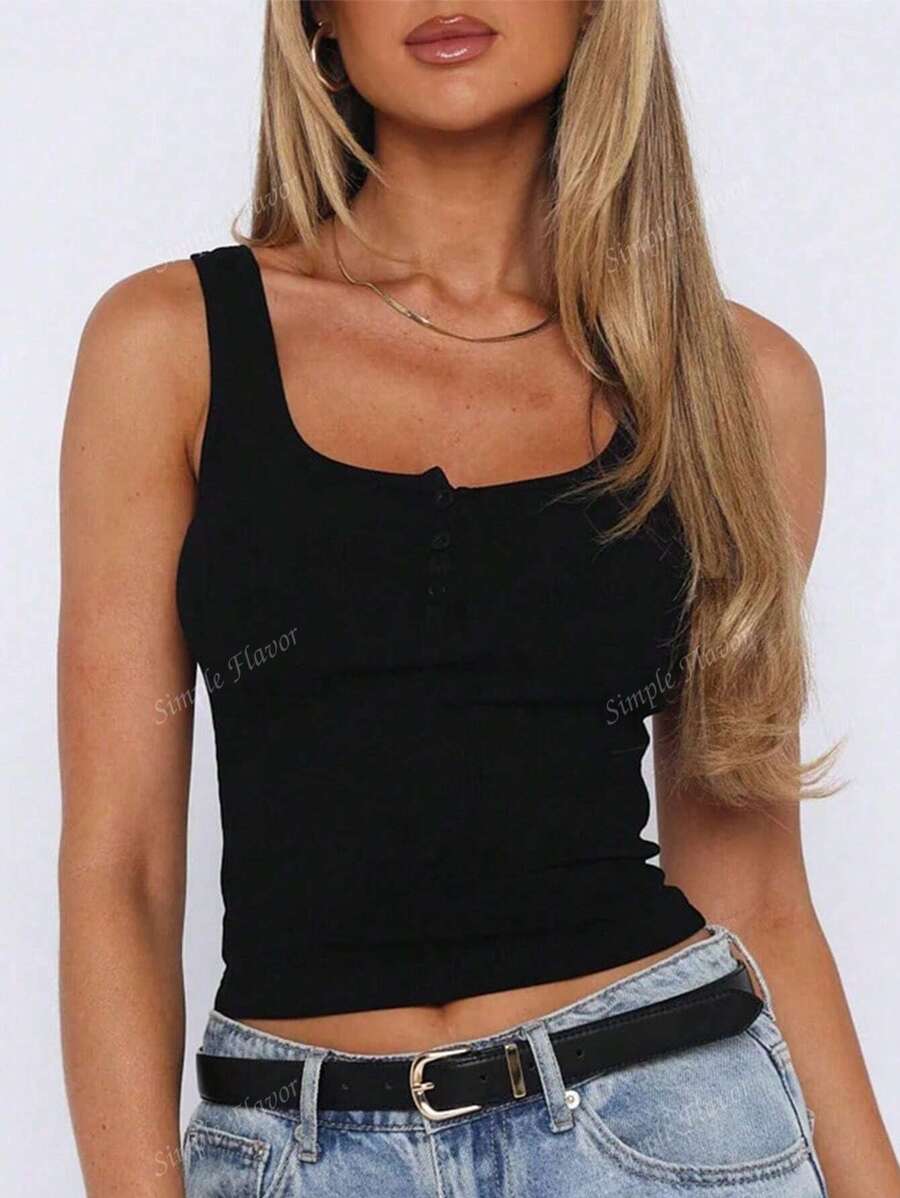 Solid Color Button Half Placket Tank Top
