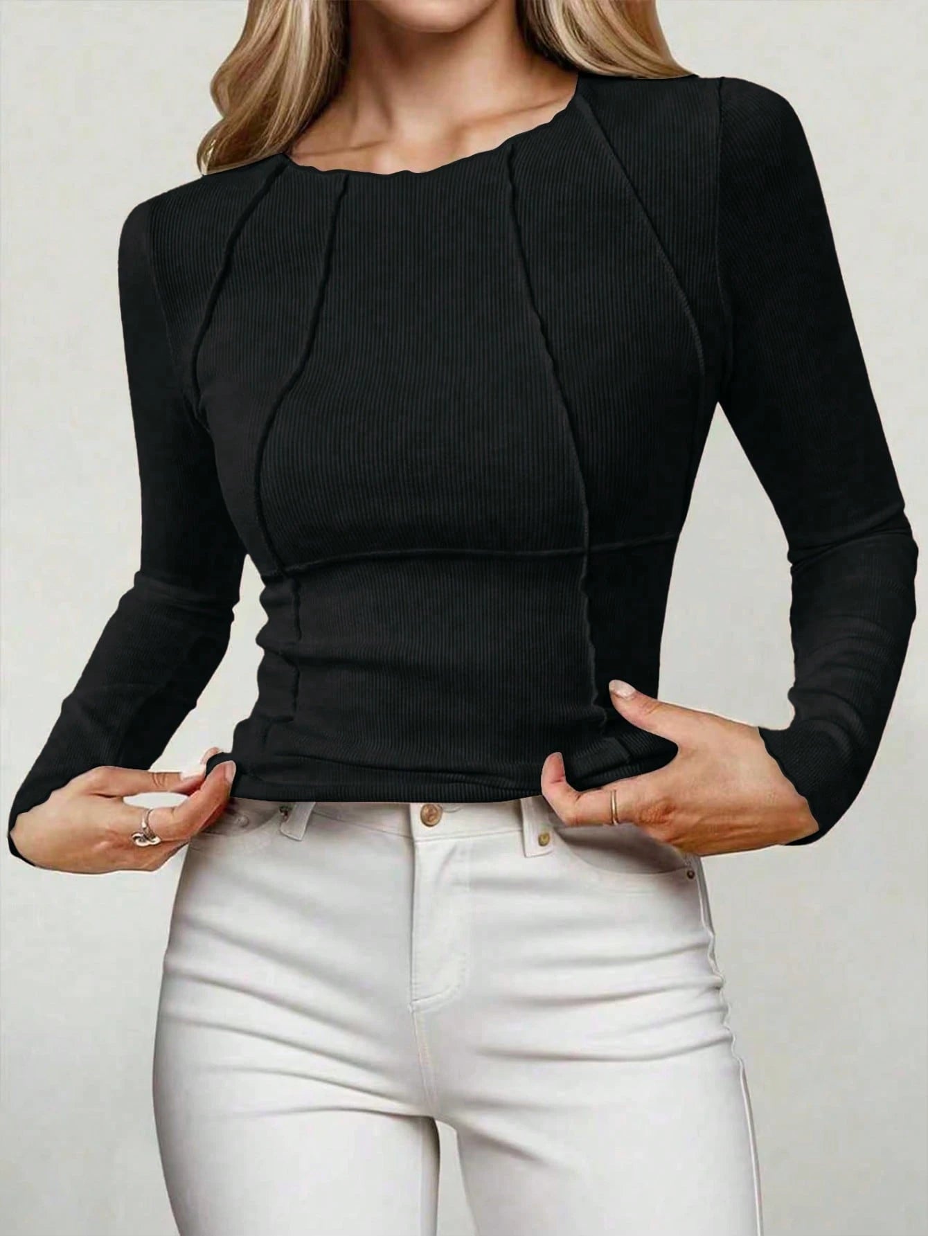 Solid Color Split Half-Length Long-Sleeved Round Neck New Women's Top