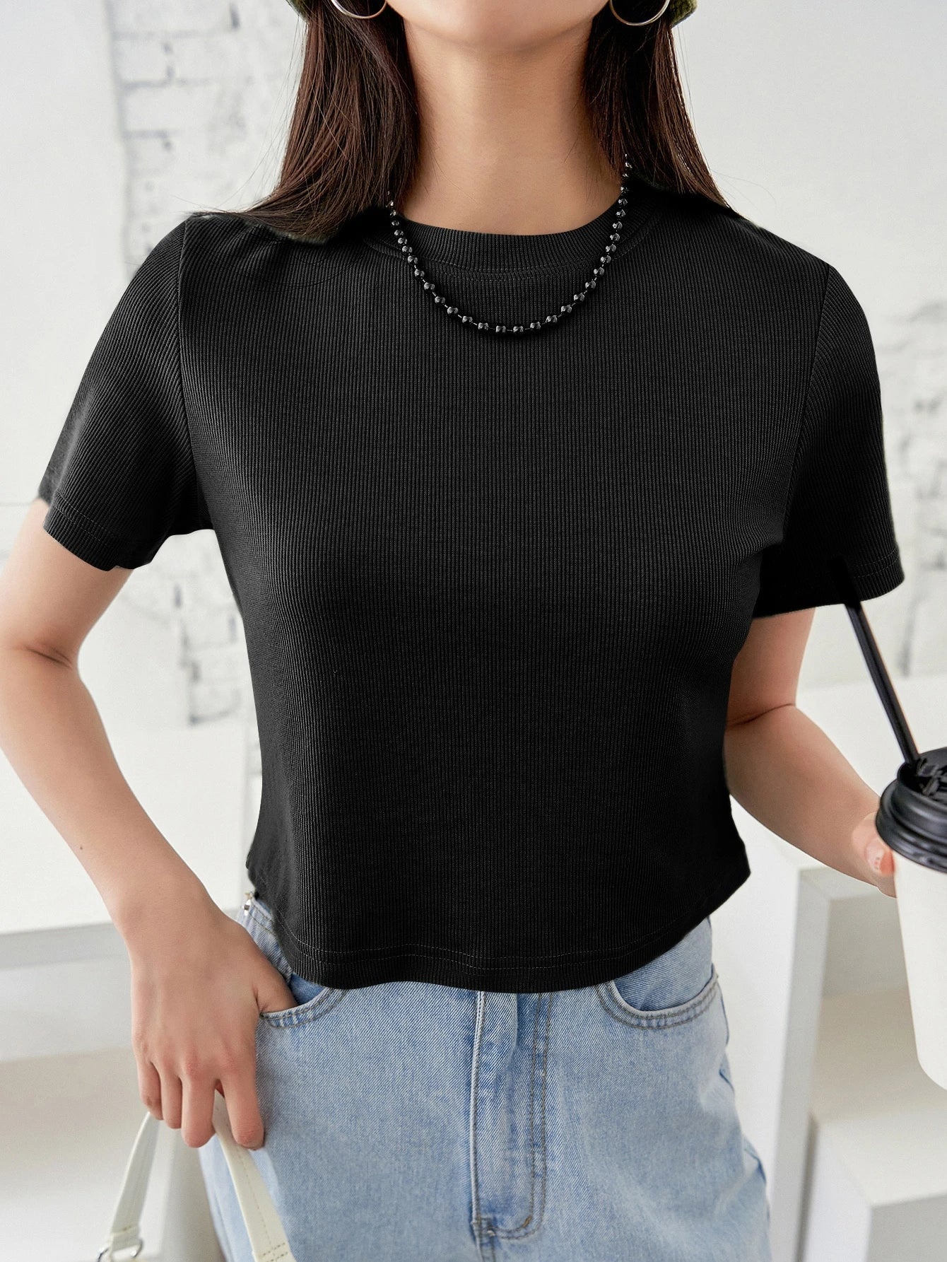 Solid Rib-knit Crop Tee