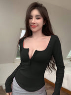 Solid Color Square Neck Long Sleeve T-shirt