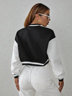 Drop Shoulder Two Tone Crop Varsity Jacket Fall Winter Cloth For Women