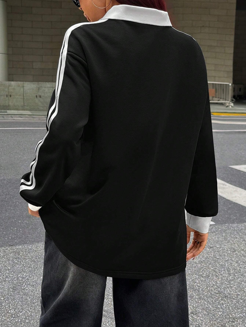 Fall/Winter Casual/Going Out V-Neck Banded Texture Decoration Black Baggy Sport Sweatshirt