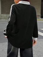 Fall/Winter Casual/Going Out V-Neck Banded Texture Decoration Black Baggy Sport Sweatshirt