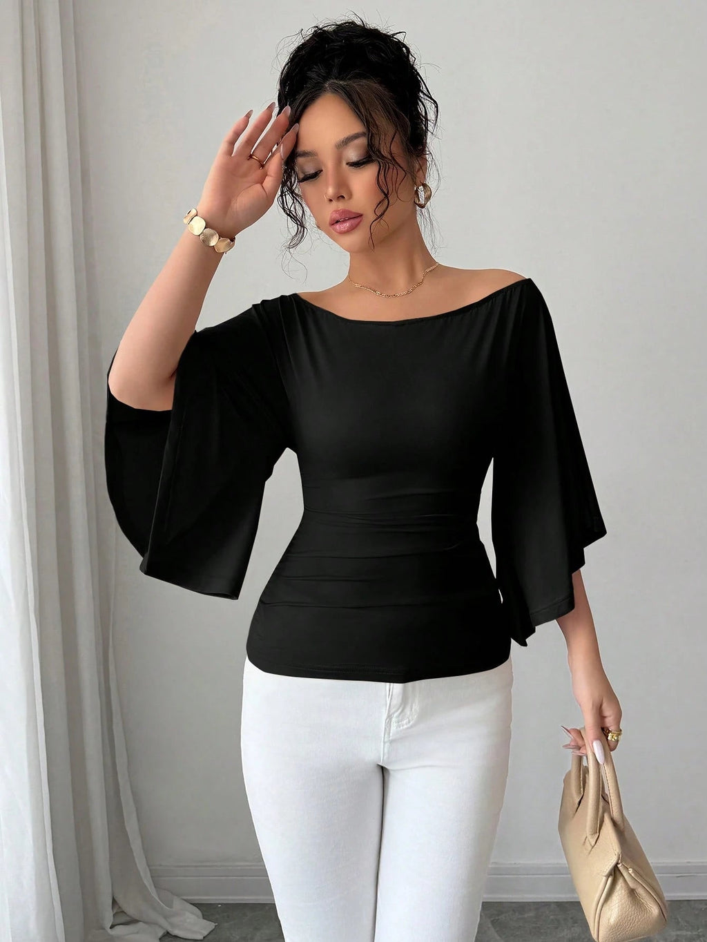 Solid Color Boat Neck Flare Sleeve Knit Fashion T-Shirt