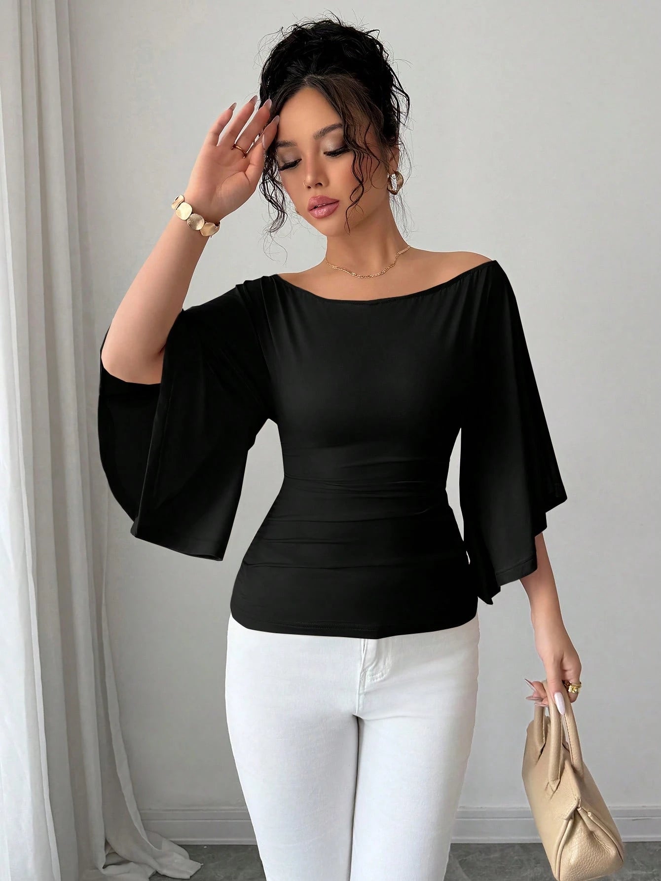 Solid Color Boat Neck Flare Sleeve Knit Fashion T-Shirt