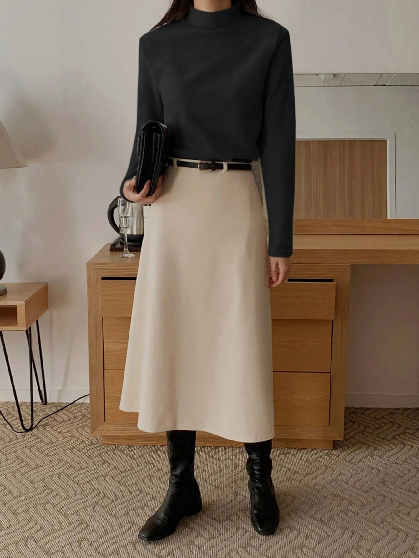 Stand Collar Solid Color T-Shirt Long Sleeve Women Tops
