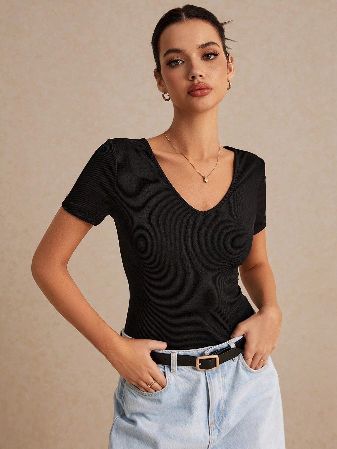Solid Black Backless Short Sleeve Tee, Effortless Chic Essential, Summer Top