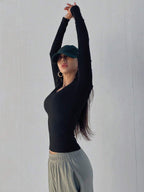 Solid Color Ribbed Slim Fit Long Sleeve T-Shirt
