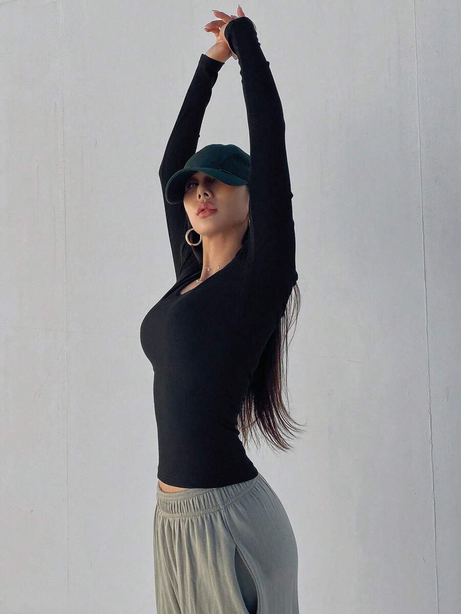 Solid Color Ribbed Slim Fit Long Sleeve T-Shirt