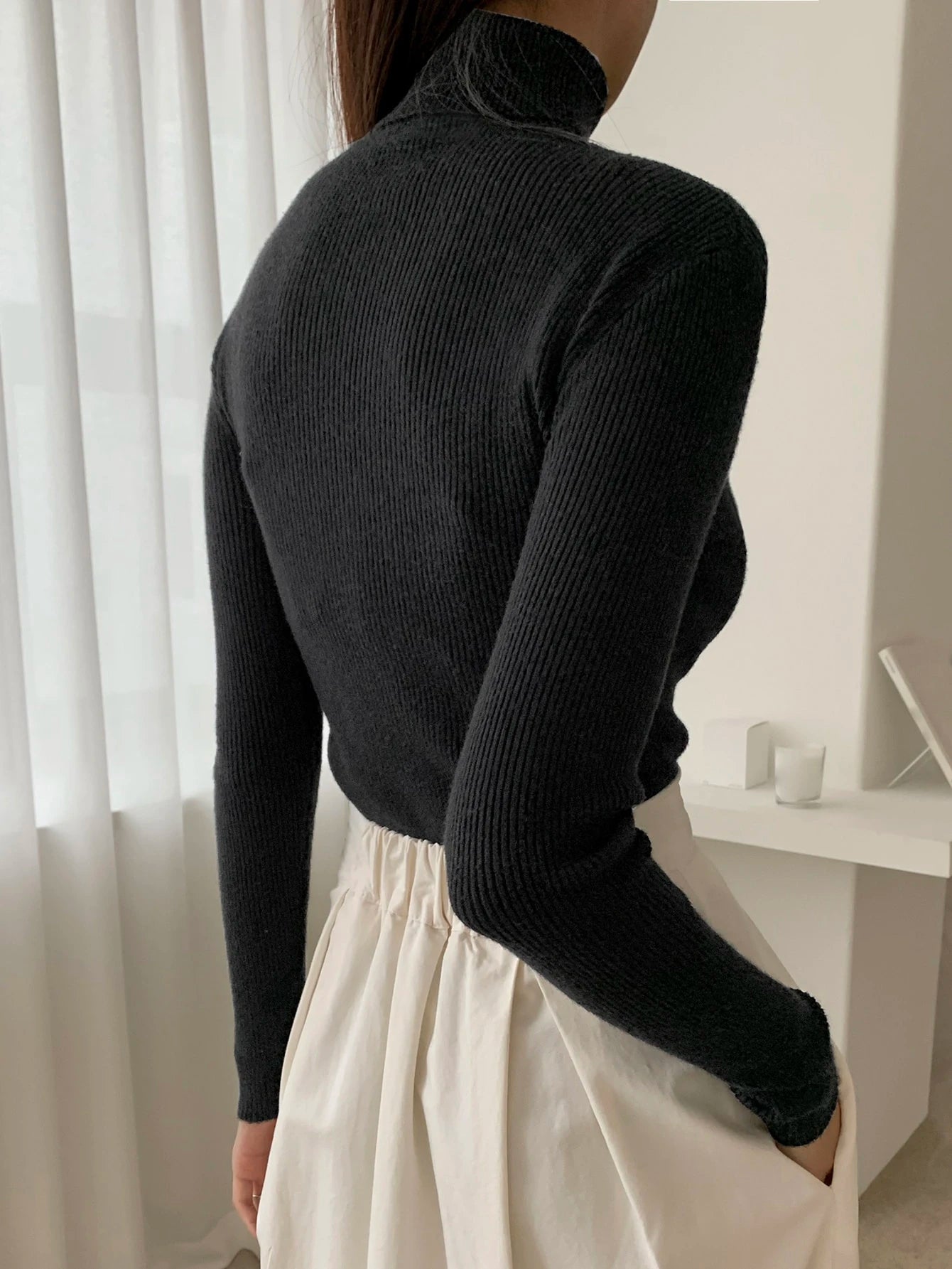 Basic Solid High Neck Long Sleeve Knit Sweater