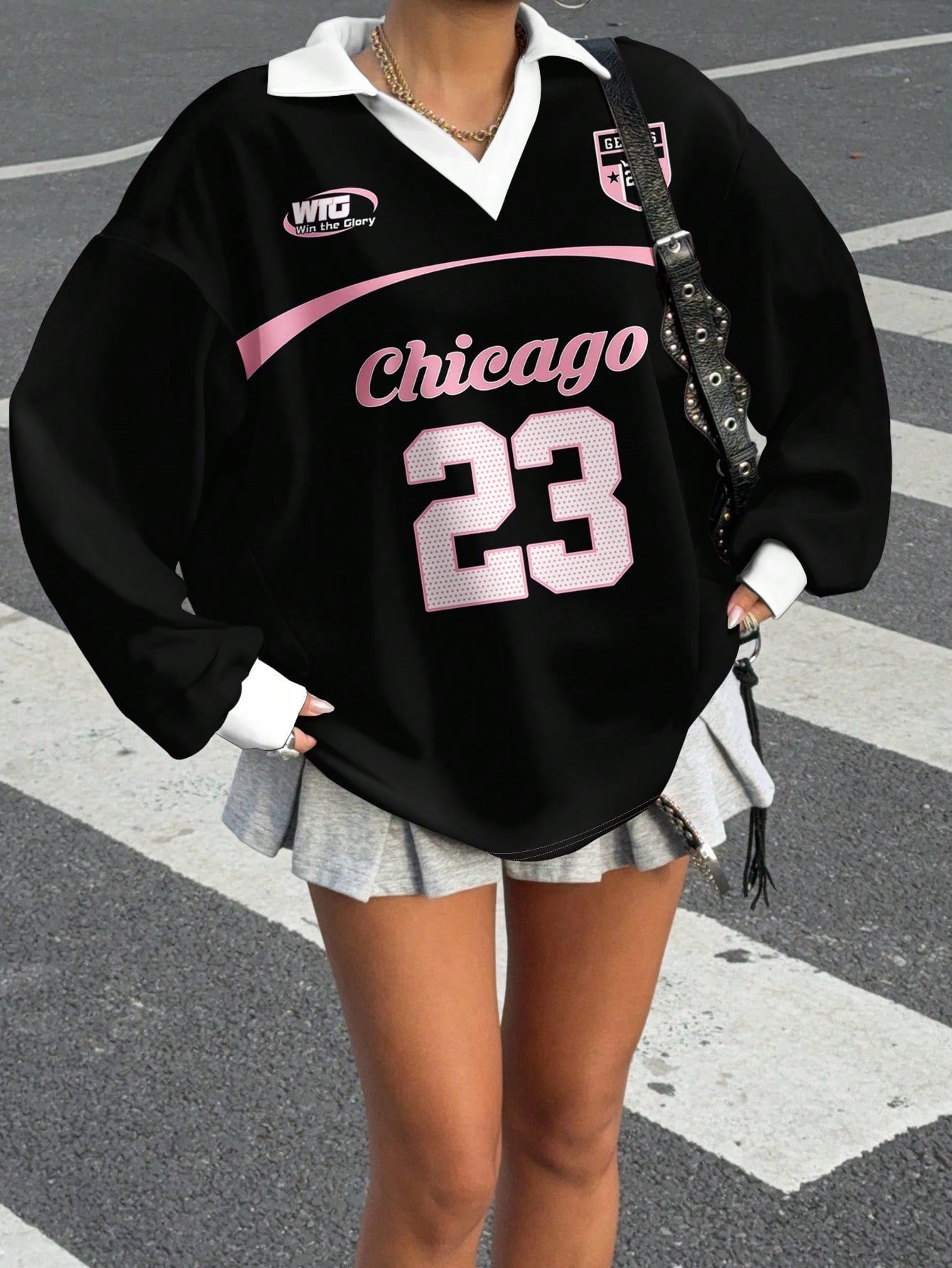 Casual Contrast Color Polo Collar Long Sleeve Loose T-Shirt